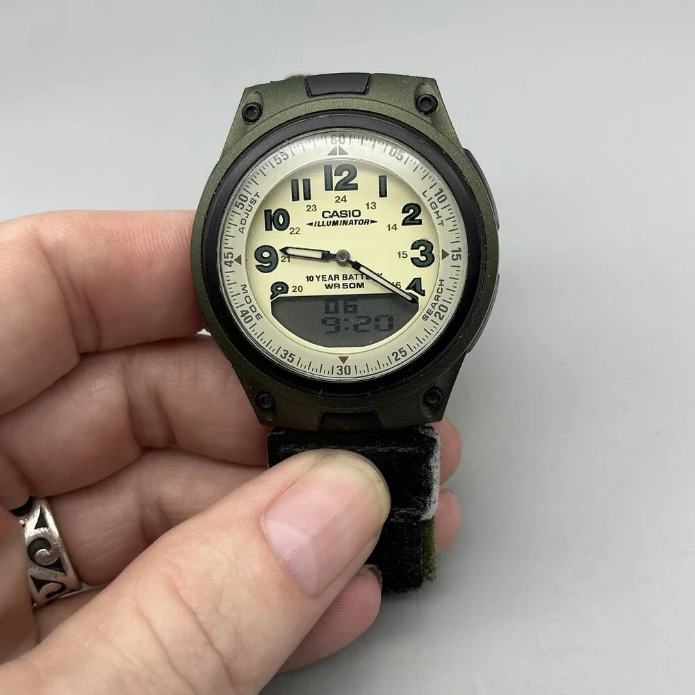 Casio 2747 AW-80 Mens Watch 40mm Beige Dial Green Telememo 30 Illuminator